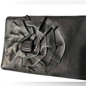 Elegant Tarnish Brand Black Leather Clutch with Beautiful Floral Detail
